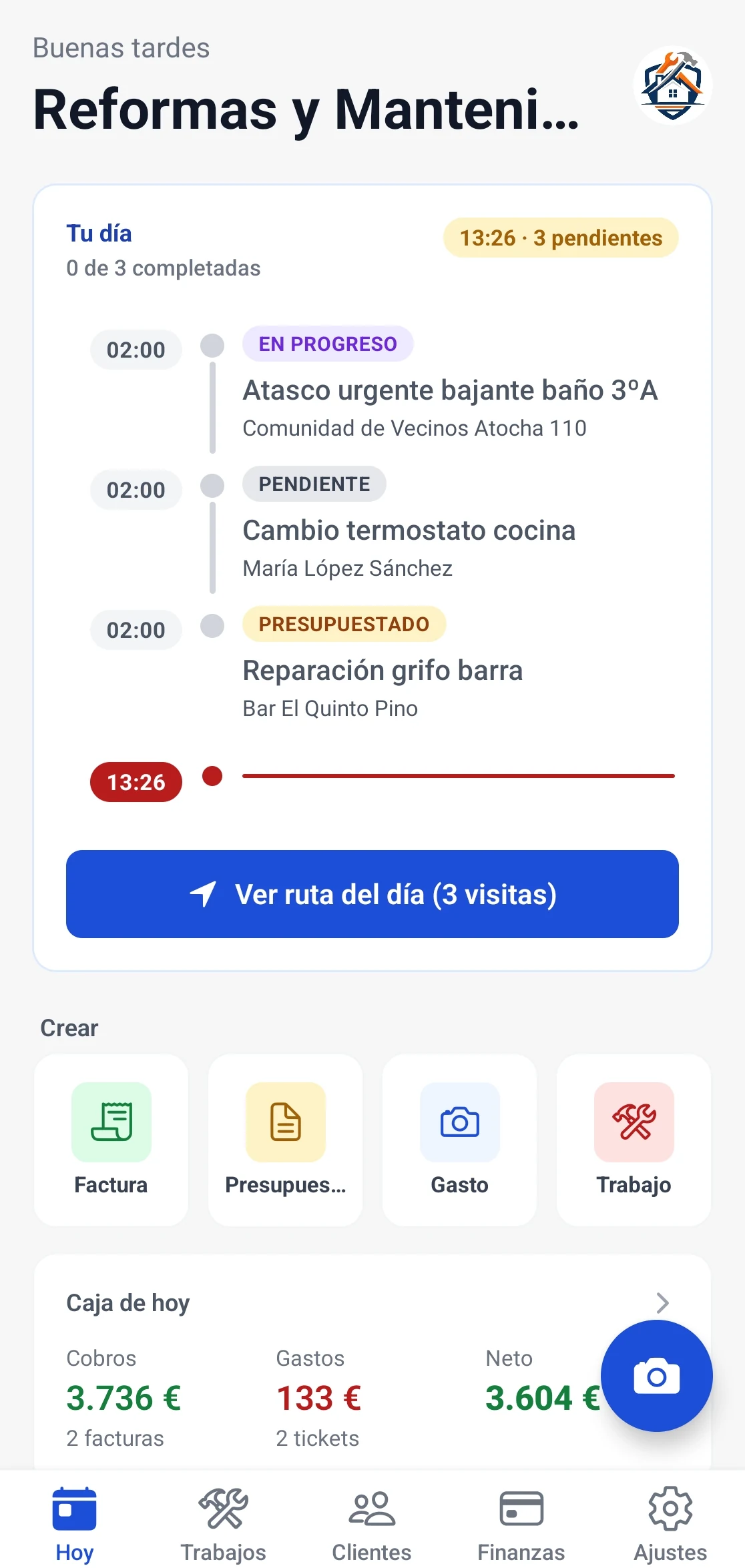 Plenia · pantalla de inicio mostrando el día del autónomo