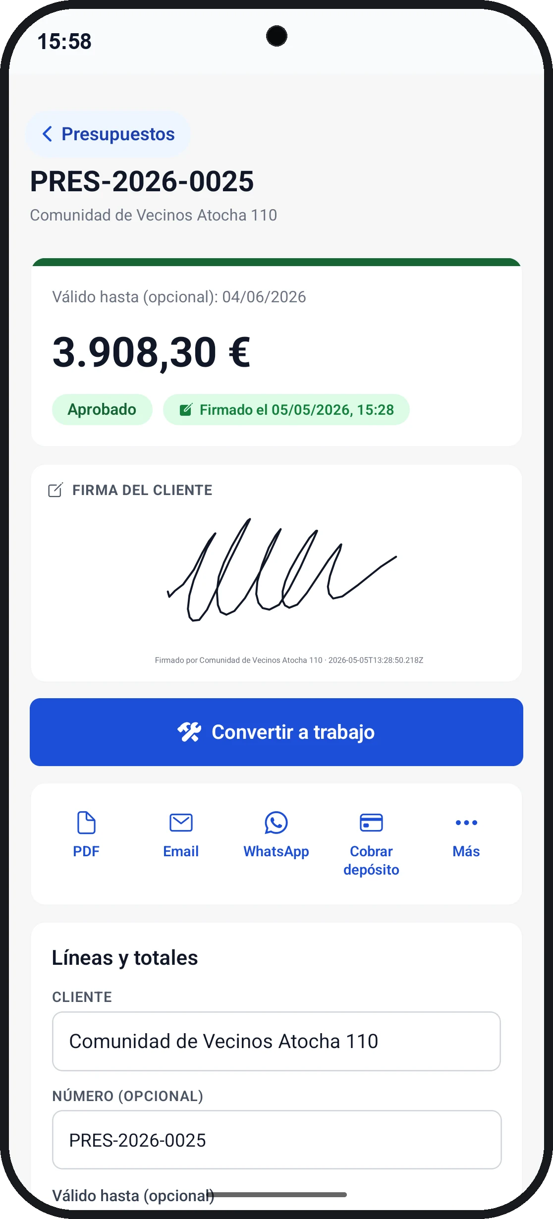 Presupuesto firmado por el cliente