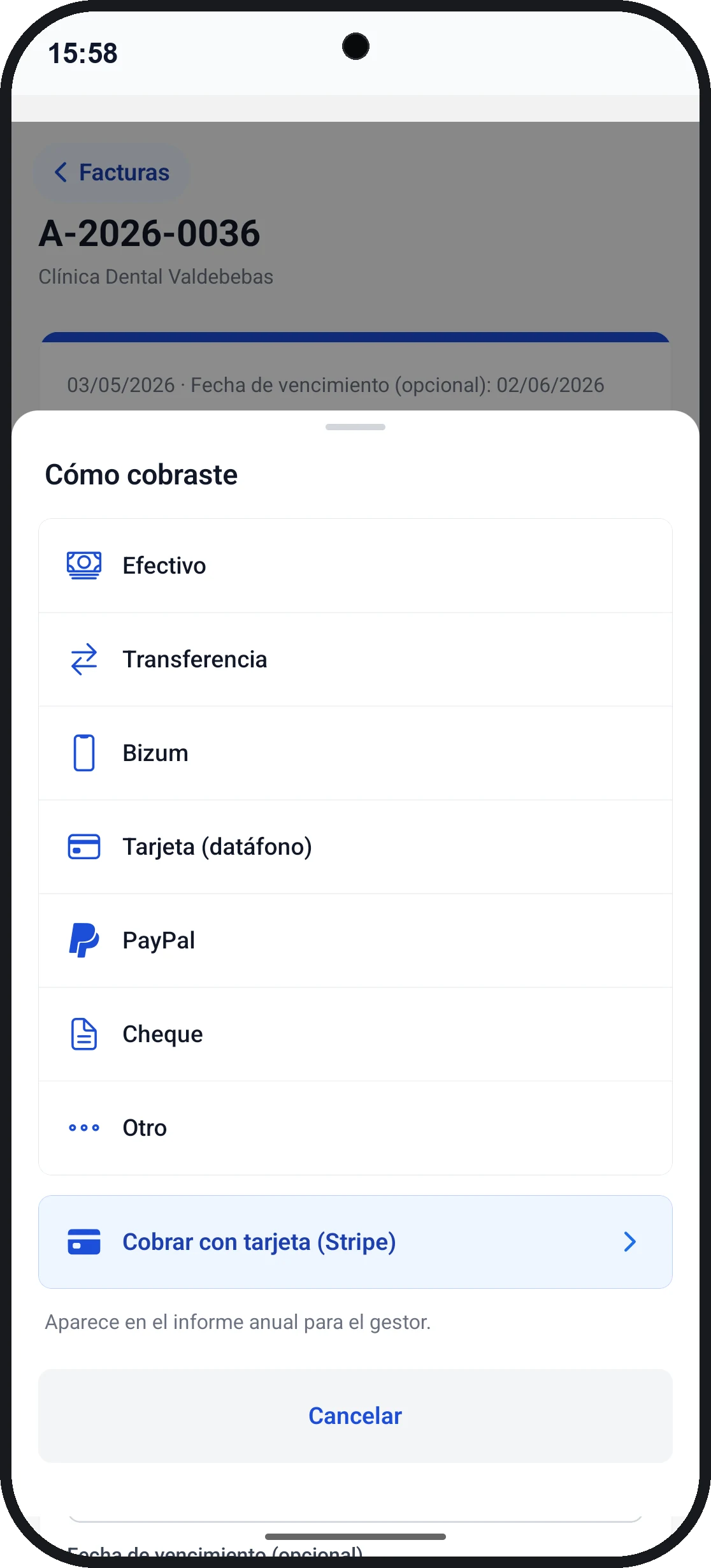 Pantalla de cobro de factura