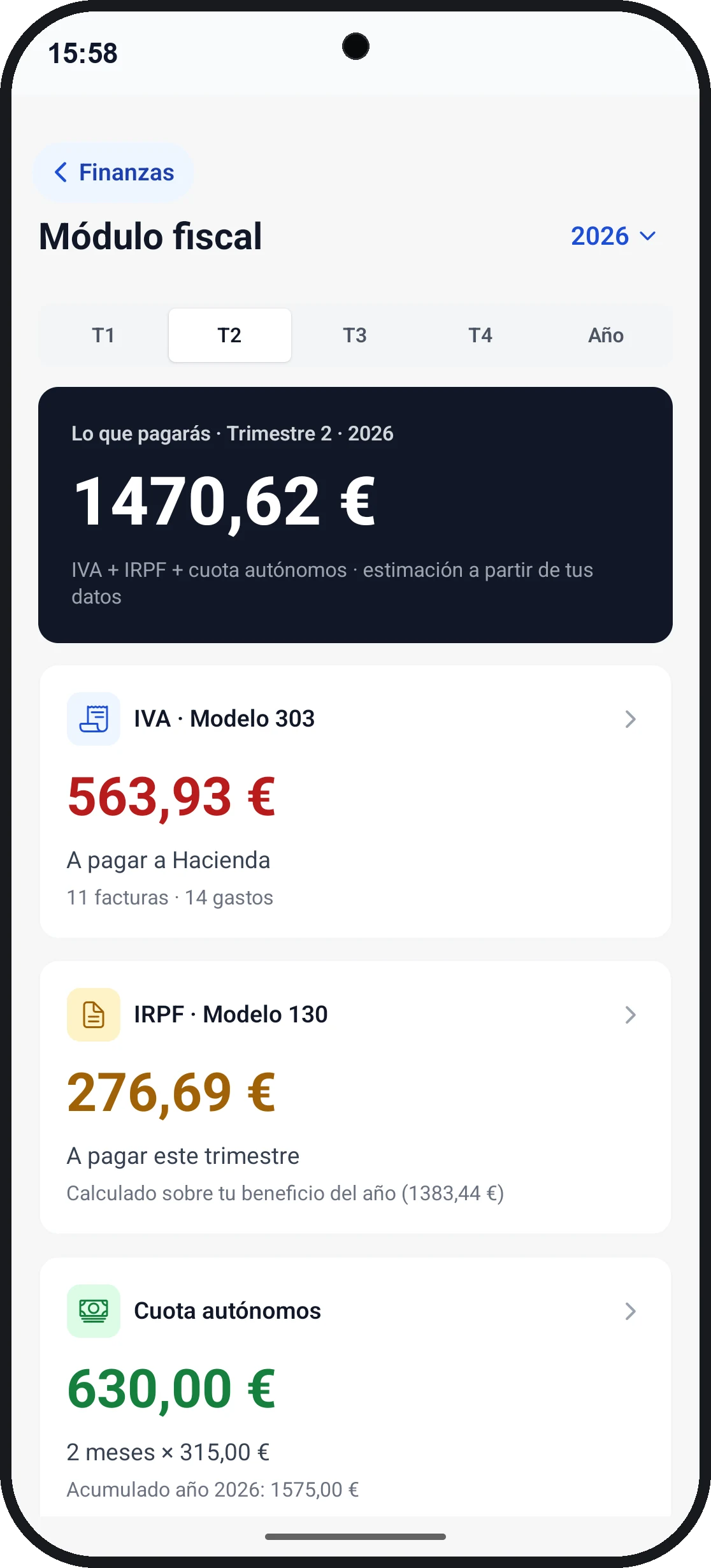 Pantalla del módulo fiscal con resumen trimestral